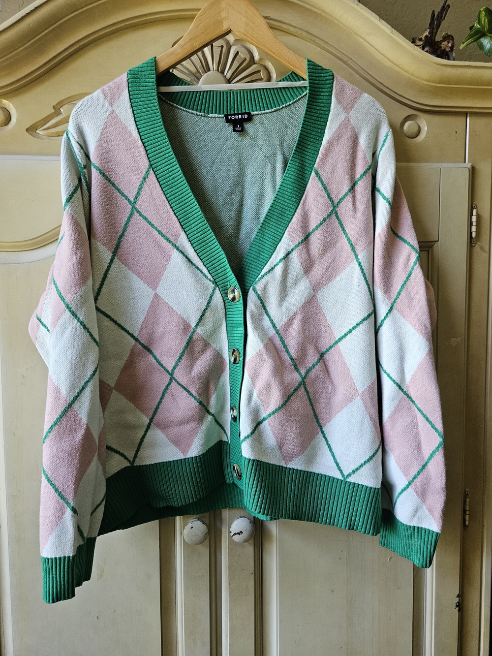 Pink & Green Argyle Cardigan Sweater by Torrid
